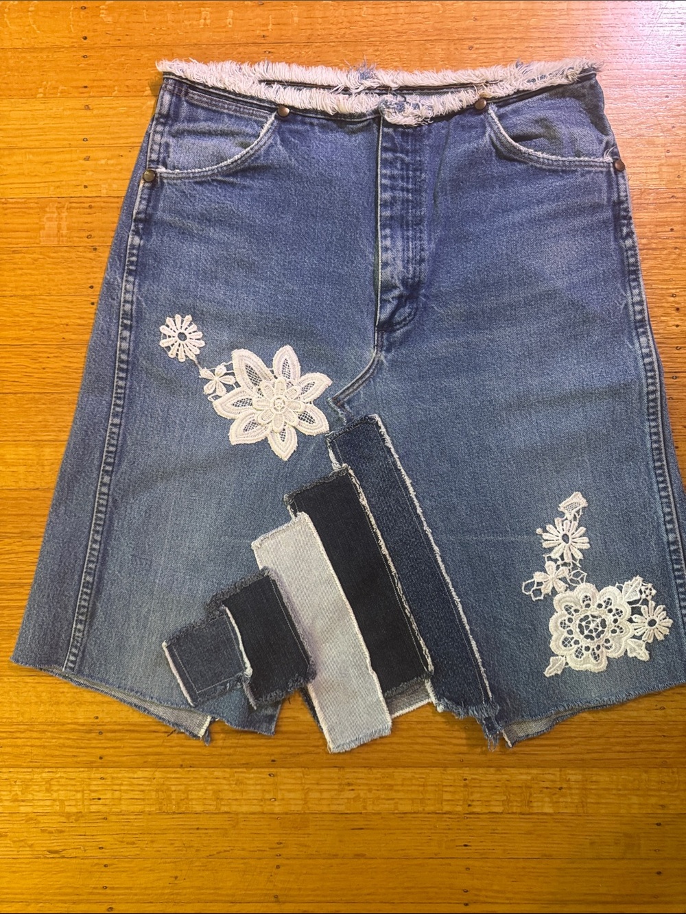 ReLove Wrangler Boho Denim High-Low Skirt with Lace Appliqué